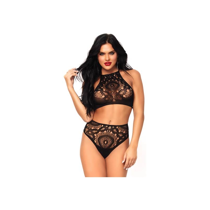 LEG AVENUE CONJUNTO TOP Y BRAGUITA ALTA ENCAJE - NEGRO