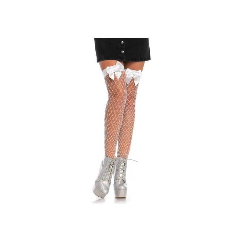 LEG AVENUE MEDIAS AL MUSLO DE RED CON LAZADA - BLANCO