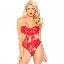 SATIN BANDEAU CONJUNTO CON LAZO Y TANGA - ROJO