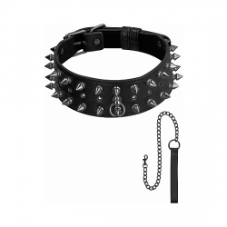 OUCH! SKULLS AND BONES - COLLAR DE CUERO CON PINCHOS Y CADENA - NEGRO