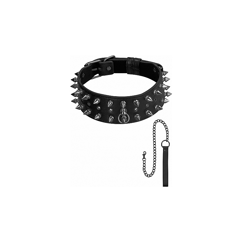 OUCH! SKULLS AND BONES - COLLAR DE CUERO CON PINCHOS Y CADENA - NEGRO