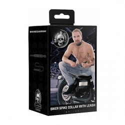 OUCH! SKULLS AND BONES - COLLAR DE CUERO CON PINCHOS Y CADENA - NEGRO