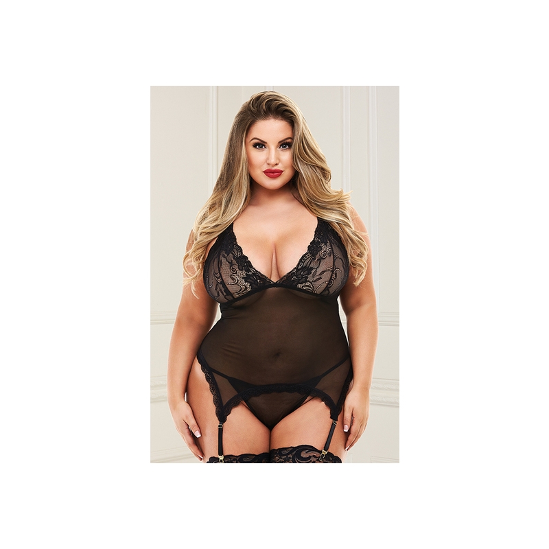 2 PC LACE & MESH CHEMISE GARTERSET- BODY CON LIGUERO