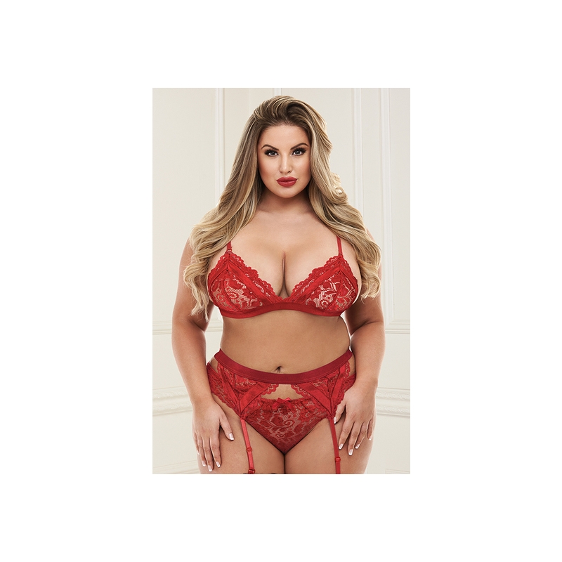 3PC LACE GARTER SET RED- CONJUNTO ROJO ENCAJE